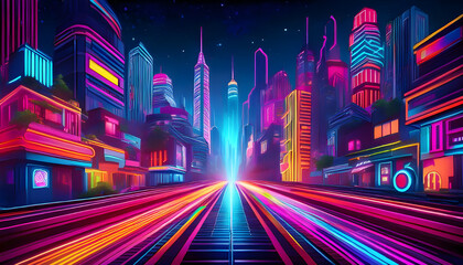Vibrant neon light trails pass through a futuristic cityscape at night, showcasing skyscrapers and dynamic colors