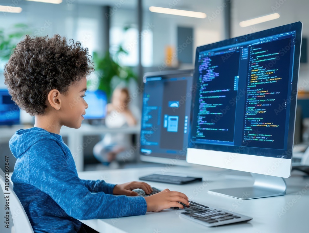 Poster young boy coding on a computer in an office setting.