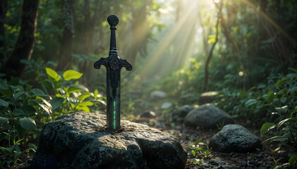 A ancient relic sword with glowing runes carved on it stuck on a stone in the middle of the jungle with sunlight backlight