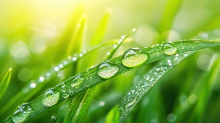 Naklejka premium Close-up of dew drops on green grass blades, capturing nature's freshness and beauty.