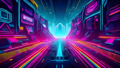 Vibrant neon light trails pass through a futuristic cityscape at night, showcasing skyscrapers and dynamic colors