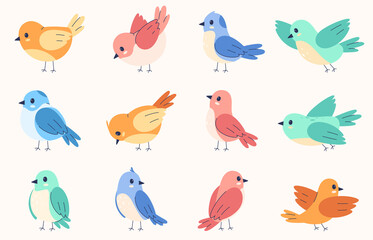 Set of flying and sitting cute birds. Colorful beautiful birds. Cute flying creatures. Vector illustration