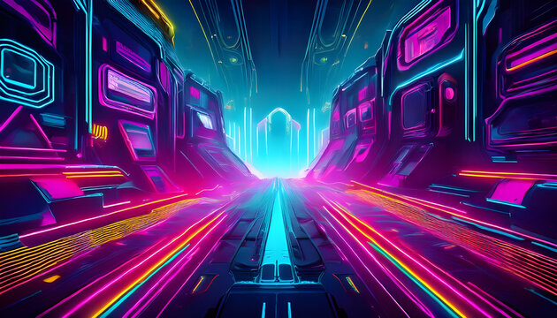 Vibrant neon light trails pass through a futuristic cityscape at night, showcasing skyscrapers and dynamic colors