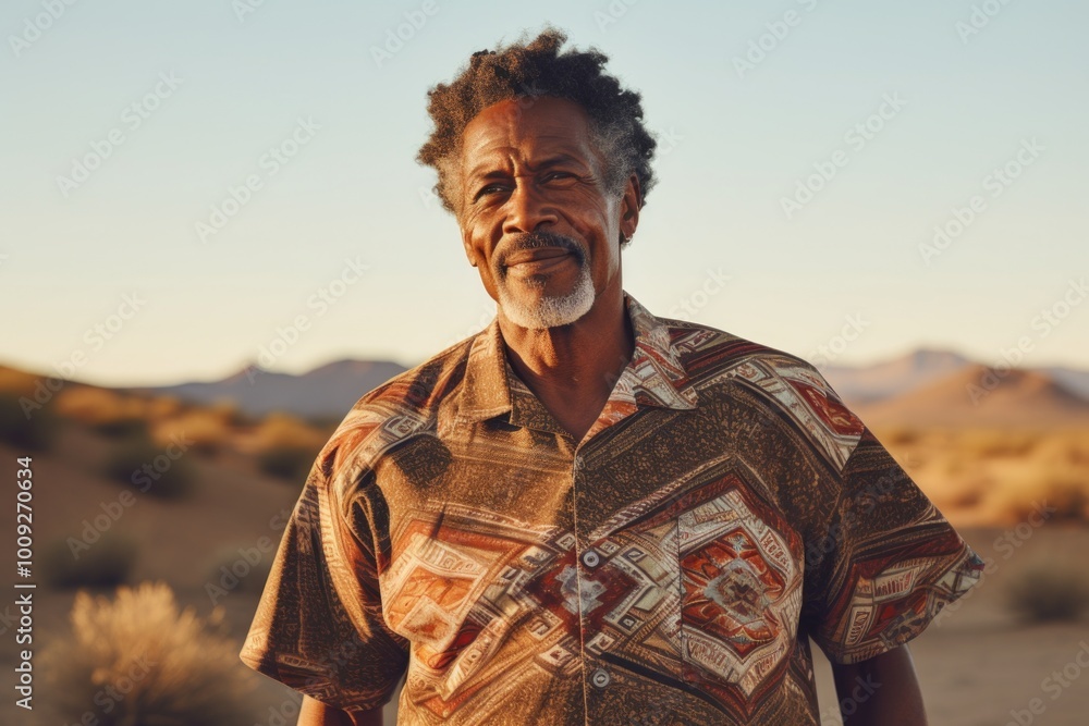 Sticker Portrait of a content afro-american man in his 70s donning a trendy cropped top isolated in backdrop of desert dunes