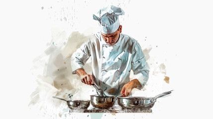 Watercolor illustration of an attractive middle-aged man in a chef's uniform cooking on the stove