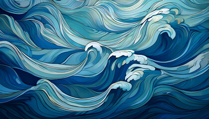 Abstract ocean waves in varying shades of blue with flowing lines creating a dynamic texture and movement
