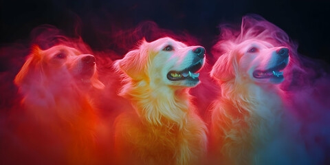 Three Golden Retrievers Illuminated with Neon Lights in a Smoky Background, Capturing Their Curious Gaze Upward