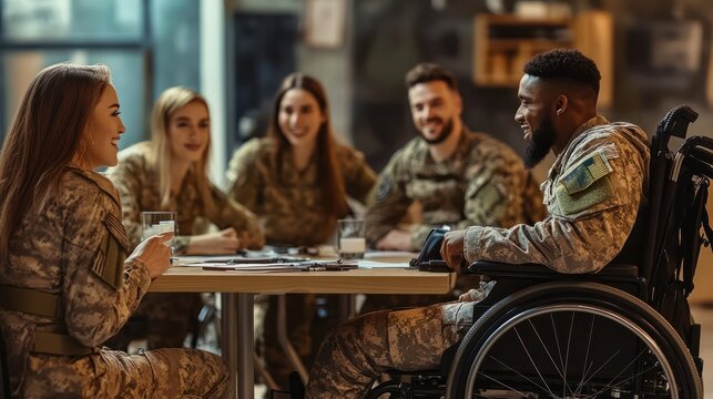 A diverse group of soldiers, smiling Caucasian woman and African American man on wheelchair, engage in a group therapy session indoors. Concept of inclusive recovery and support for veterans
