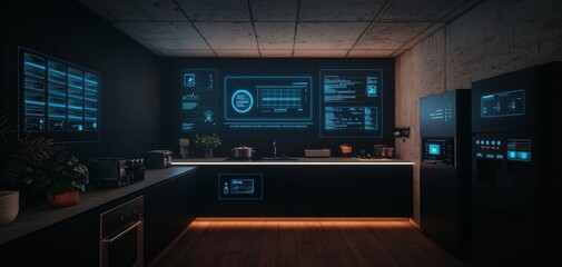 Obraz premium Futuristic Kitchen Interior with Digital Displays, High-Tech Appliances, and Neon Lighting for Modern Technology Concept Design