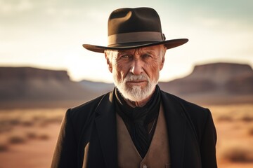 Portrait of a content man in his 70s donning a classic fedora over backdrop of desert dunes