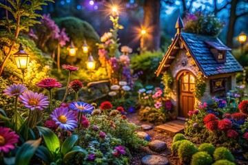 Fototapeta premium Enchanting Fairy Garden with Colorful Flowers, Whimsical Decor, and Magical Atmosphere in Nature