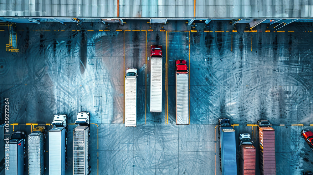 Poster aerial view of a busy loading dock with trucks parked in organized rows at a warehouse during daylig