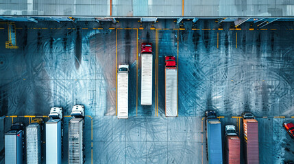 Aerial view of a busy loading dock with trucks parked in organized rows at a warehouse during daylight