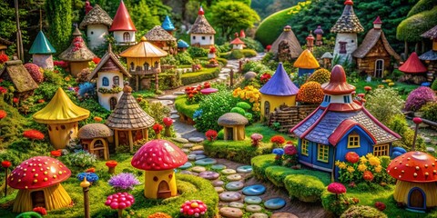 Fototapeta premium Enchanting Gnome Village Set with Colorful Houses, Mushrooms, and Fantasy Garden Elements in Nature