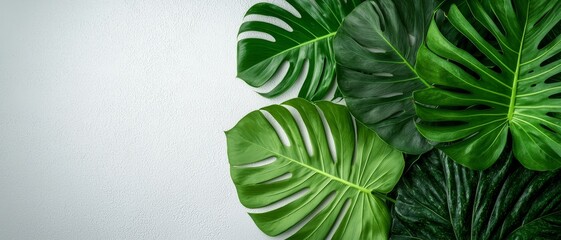 Fototapeta premium Lush Tropical Monstera Leaves Closeup Against White Textured Background - Serene Botanical Greenery for Design and Decor