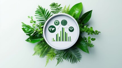 Green leaves surround a white clock face with a bar chart and icons.