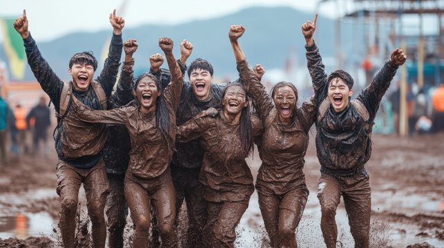 A group of friends covered in mud celebrating after completing a muddy obstacle course at the Boryeong Mud Festival. - Powered by Adobe