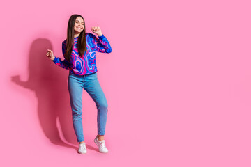 Full size photo of pretty teen girl dancing discotheque wear trendy colorful outfit isolated on pink color background