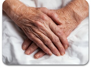 Fototapeta premium Intimate Elderly Hands Clasped Together in Tranquil Reflection on White Fabric - Serene Aging Concept