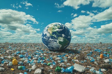 Earth Surrounded by Plastic Bottles in Vast Landfill Under Blue Sky