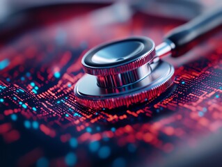 Digital stethoscope, doctor analyzing heartbeats on screen, 3D illustration