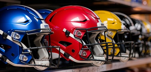 Close-Up Red Football Helmet with Black Face Mask on Display Shelf in Sporting Goods Store - Dynamic Sports Equipment Photography for Retail Promotion