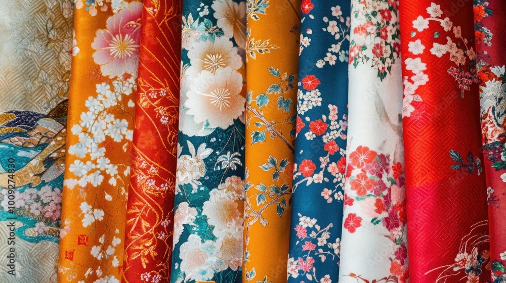 Poster a collection of variously colored fabrics displayed on a wall