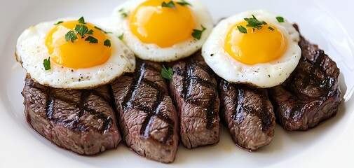 Savory Delights Close-Up of Sizzling Grilled Steak and Sunny-Side-Up Eggs on White Plate - Culinary Elegance and Freshness Concept