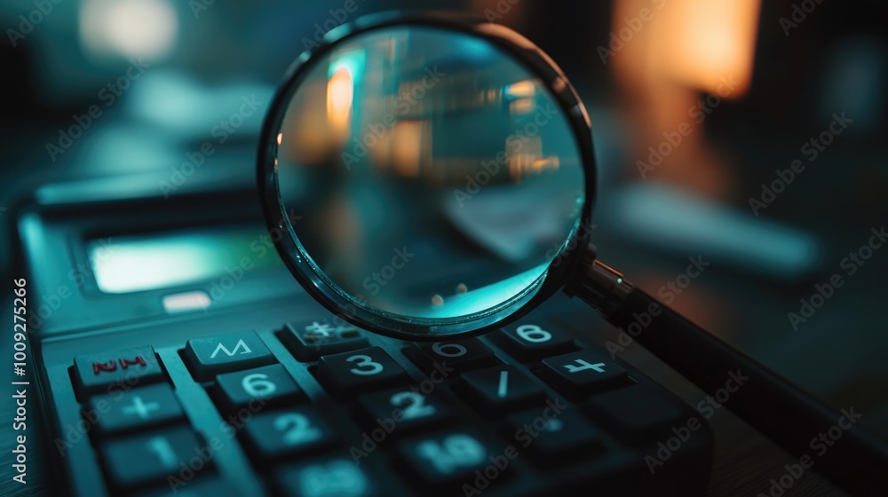 Poster a close-up of a magnifying glass perched on top of a calculator, ideal for financial or educational 