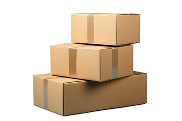 Obraz premium Pile of various size taped up cardboard boxes, die cut transparent PNG.