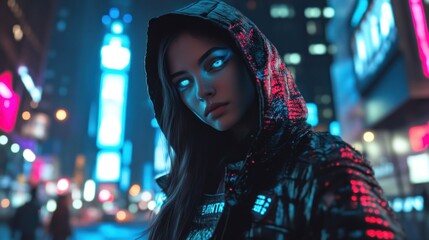 Fototapeta premium A futuristic woman in a hoodie stands in a neon-lit urban environment at night.