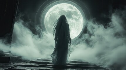 Obraz premium sinister zombie nun emerging from a crypt under the full moon enveloped in swirling mist creating an eerie and suspenseful horror scene from a low angle