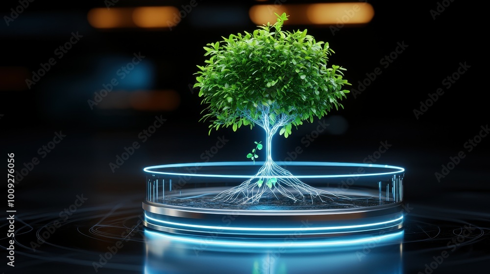 Poster a small tree with glowing roots in a futuristic setting.