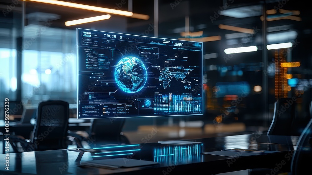 Poster a futuristic office with a screen displaying global data and a globe.