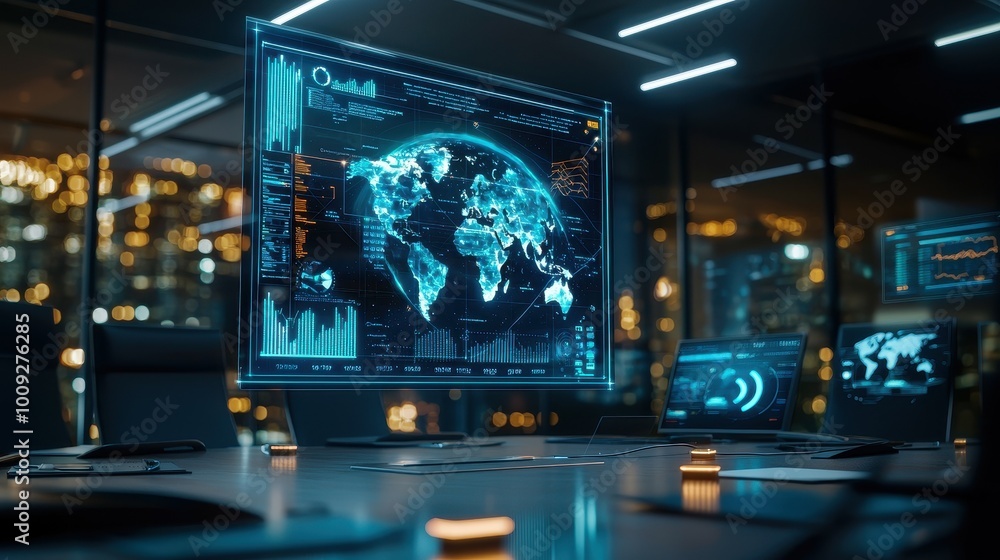 Poster A futuristic office with a large screen displaying a world map and data.