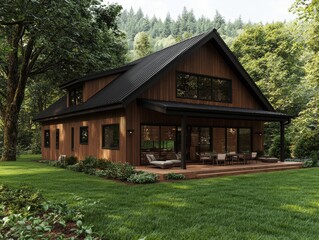 Modern Wood Cabin in Lush Forest Setting with Black Metal Roof - Tranquil Nature Retreat