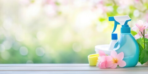 Products and tools for spring cleaning on a wooden table with a blurry image of a flowering landscape in the background.