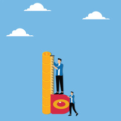 Coins in rain gauge businessman measuring returns and growth in investments