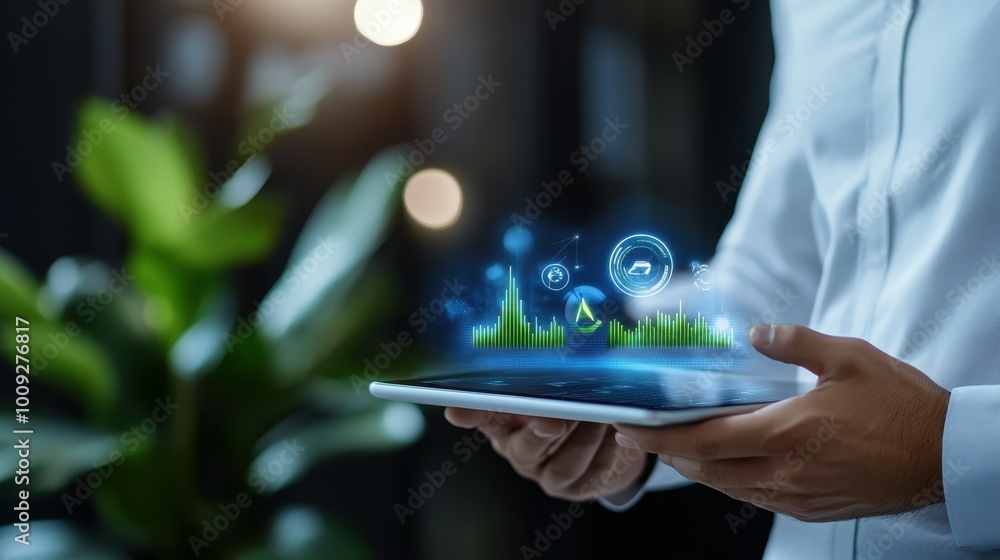 Poster a person's hands hold a tablet with a digital display of charts and graphs.