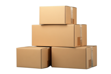 Pile of various size taped up cardboard boxes, die cut transparent PNG.