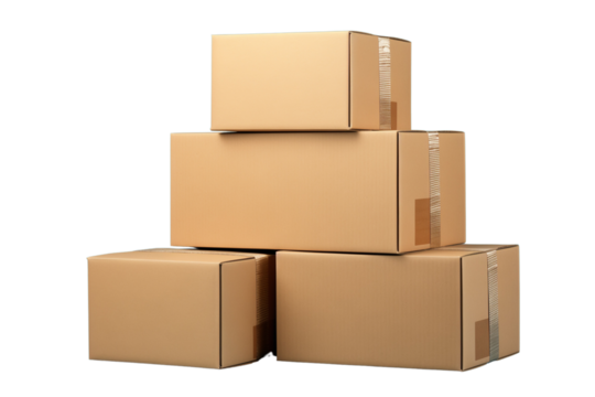 Pile of various size taped up cardboard boxes, die cut transparent PNG.