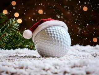 Festive Golf Ball with Santa Hat on Snow Bed, Winter Wonderland Closeup for Holiday Celebrations