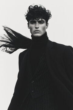 Fashion magazine concept. Portrait of handsome male model wearing black designer clothing and looking at camera on white background. Studio shot