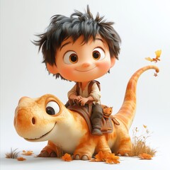 A cartoon character of a small boy joyfully riding on a big Dinosaur both centered on a white background.