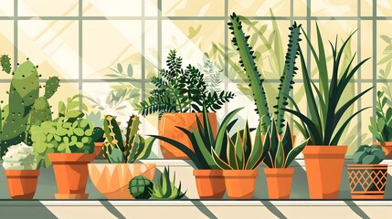 Fototapeta premium Geometric Garden Lush Succulents and Cacti in Sleek Containers in a Sundrenched Conservatory