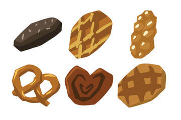 A bunch of different types of bread on a white background. Vector illustration of a waffles, bread, loaf, pretzel and other baked goods