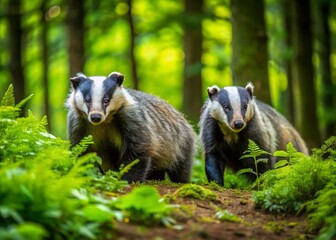 European Badgers in Natural Habitat foraging and interacting in lush green forest environment