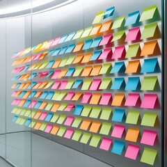 Colorful sticky notes on glass wall