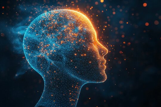 Futuristic digital human head silhouette with glowing particles, deep blue and orange hues, representing artificial intelligence, technology, and the human mind