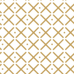 Abstract geometric pattern with crosses, stripes, lines. Seamless vector background. White and gold ornament. Modern reticulated graphic design.